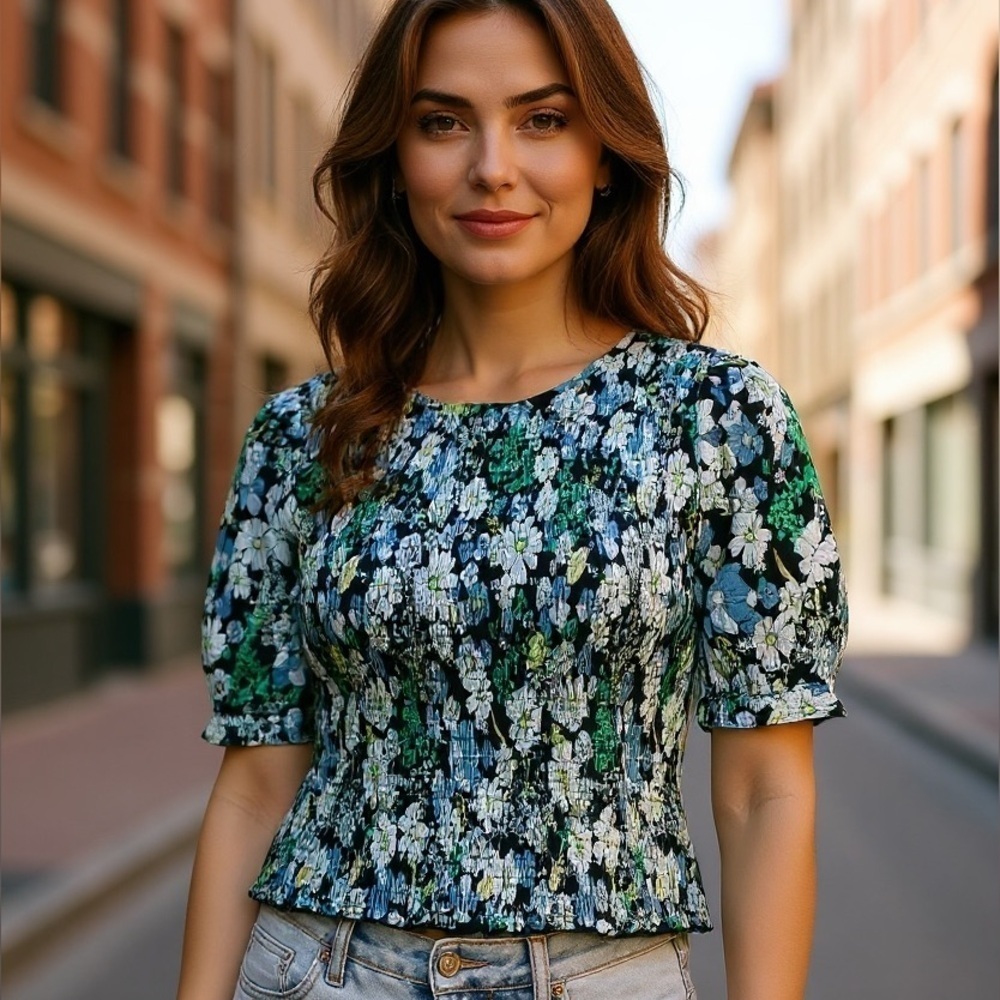 Mauby SMOCKED POPLIN TOP - RETRO
FLORAL BLUE, New with Tags